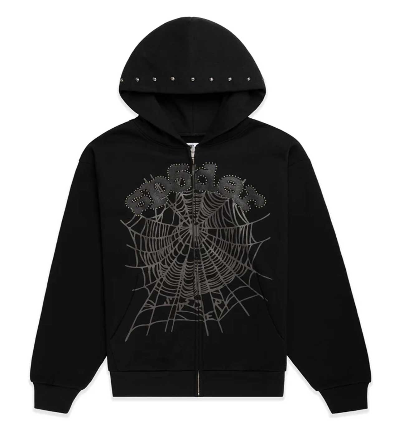 Sp5der OG Web Studded Zip Hoodie Black